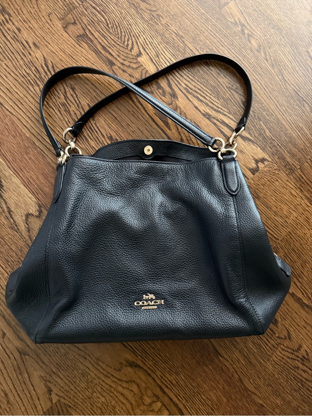 Coach Black Pebbled Leather Shoulder Tote with Gold Accents